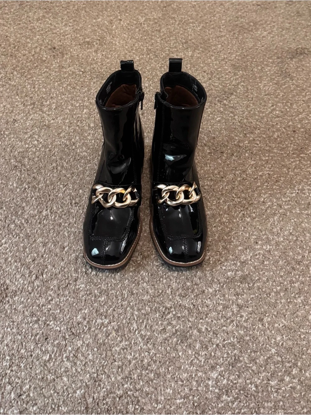Steve Madden Black Patent Ankle Boots with Gold Chain Accent